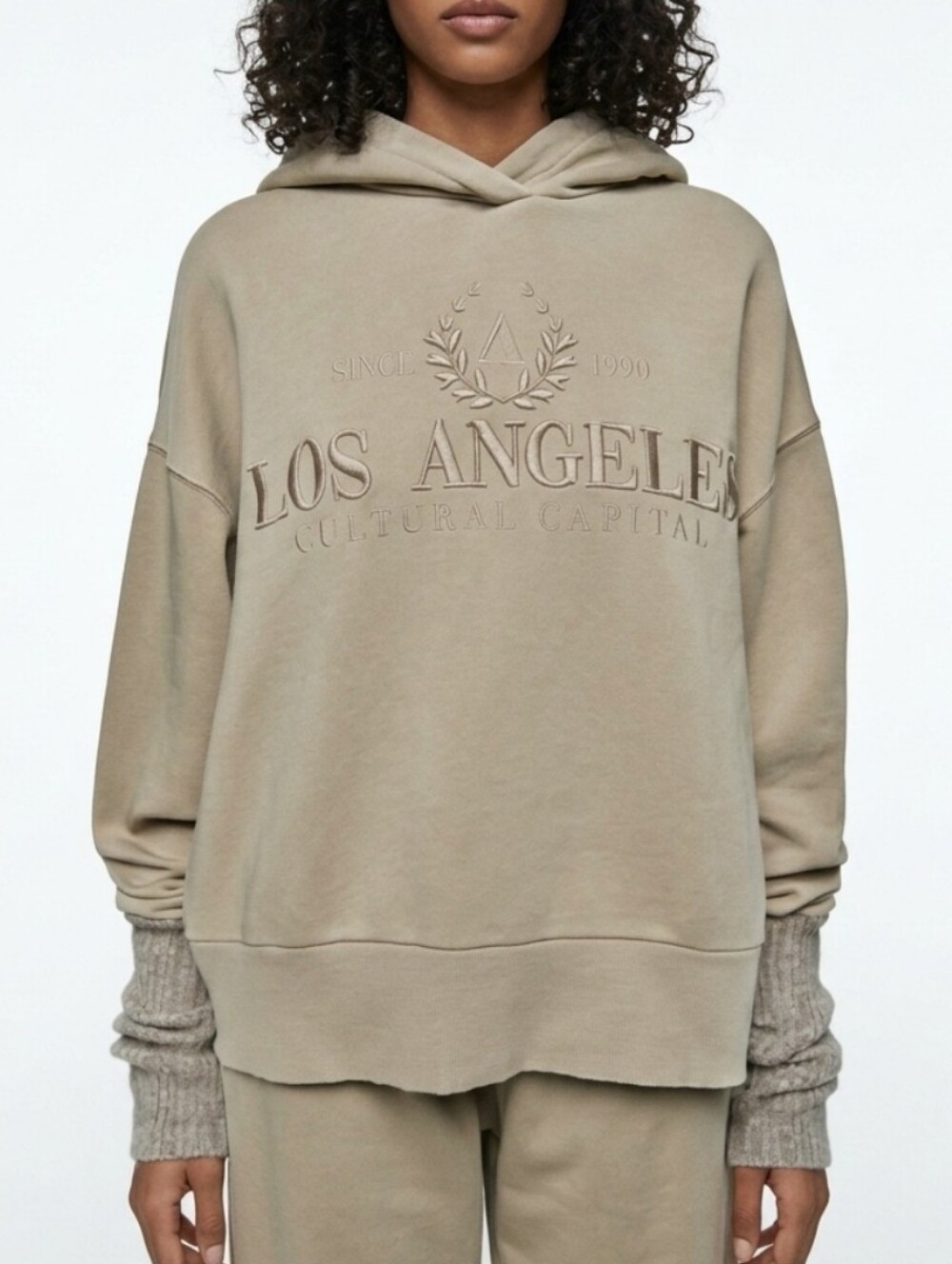 ZARA Los Angeles Embossed Embroidered Hoodie Sweatshirt - Beige